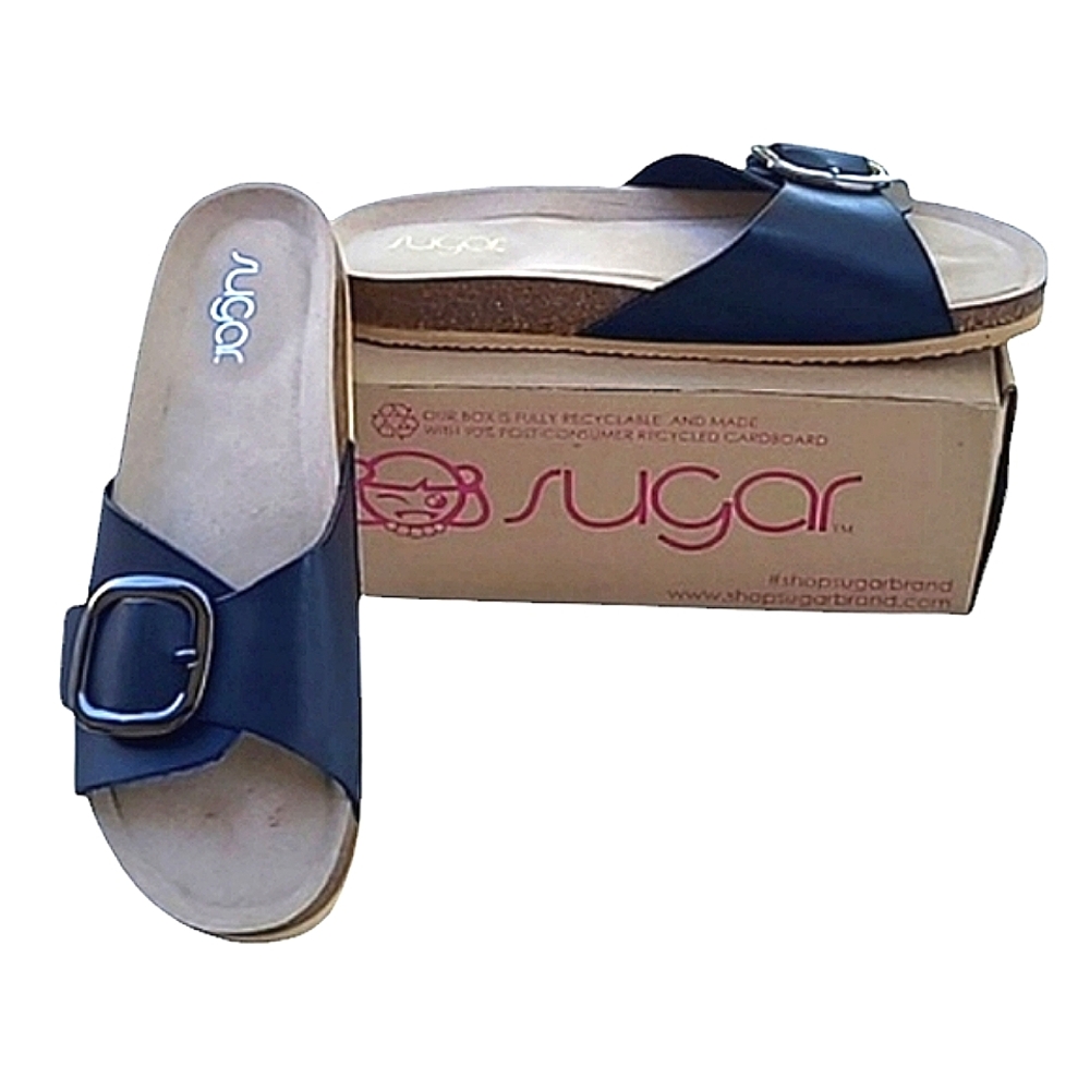 Sugar Zerri Black Slip On Slide Sandal Memory Foam Footbed Metallic Buckle Flat